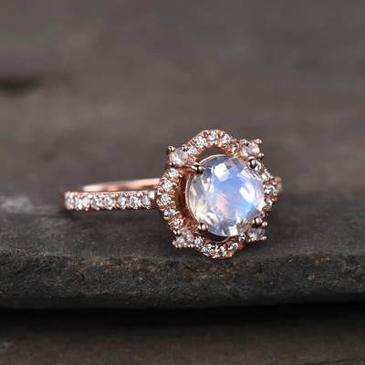 925 Sterling Silver Natural Gemstone Jewelry Round Faceted Rainbow Moonstone Engagement Ring