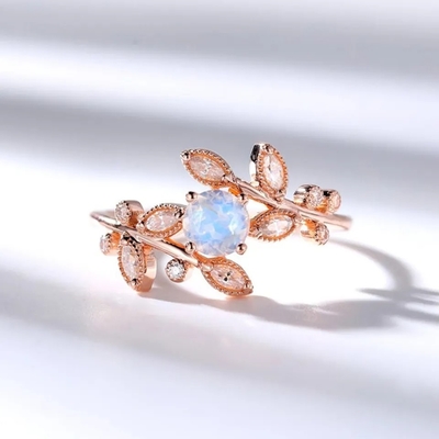 High Quality 925 Sterling Silver Natural Stone Jewelry Faceted Rainbow Moonstone Leaf Ring