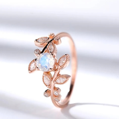 High Quality 925 Sterling Silver Natural Stone Jewelry Faceted Rainbow Moonstone Leaf Ring