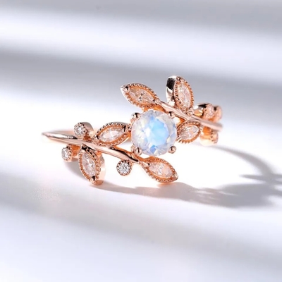 High Quality 925 Sterling Silver Natural Stone Jewelry Faceted Rainbow Moonstone Leaf Ring