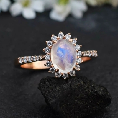 14K Rose Gold Oval Cabochon Cut Moonstone Engagement Ring Moonstone Halo Rings Jewelry