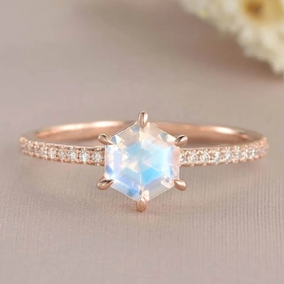 Rose Gold Hexagon Shaped Wedding Jewelry Moonstone Engagement Ring