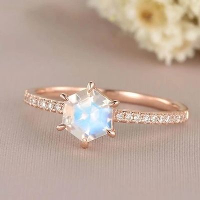 Rose Gold Hexagon Shaped Wedding Jewelry Moonstone Engagement Ring