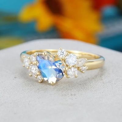 14K Yellow Gold Bridal Antique Promise Anniversary Gift for Women Pear Shaped Moonstone Engagement Ring