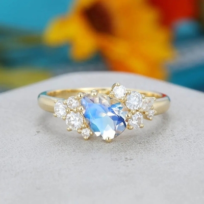 14K Yellow Gold Bridal Antique Promise Anniversary Gift for Women Pear Shaped Moonstone Engagement Ring