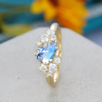 14K Yellow Gold Bridal Antique Promise Anniversary Gift for Women Pear Shaped Moonstone Engagement Ring