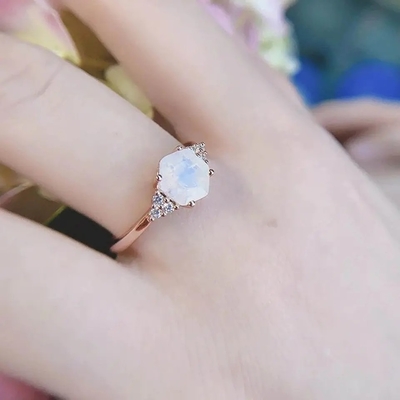 Rose Gold Hexagon Shaped Wedding Genuine Moonstone Jewelry Dainty Natural Rainbow Moonstone Ring