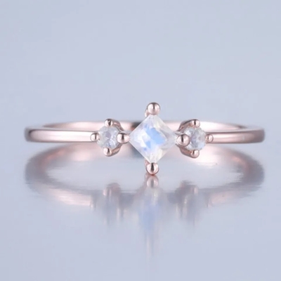 Trendy Ring for Women 925 Sterling Silver Moonstone Ring Rose Gold Plated Princess Cut Dainty Engagement Ring
