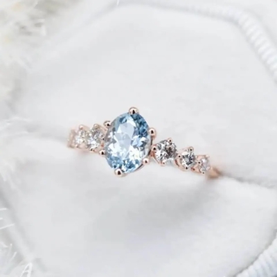 Delicate Fantastic S925 Sterling Silver Rose Gold Round Cz Oval Blue Aquamarine Engagement Ring Cluster Dainty Rings