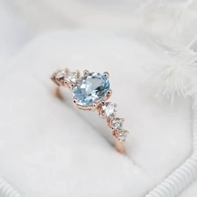 Delicate Fantastic S925 Sterling Silver Rose Gold Round Cz Oval Blue Aquamarine Engagement Ring Cluster Dainty Rings