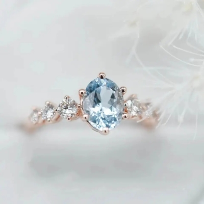 Delicate Fantastic S925 Sterling Silver Rose Gold Round Cz Oval Blue Aquamarine Engagement Ring Cluster Dainty Rings