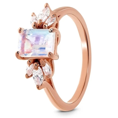 Rose Gold Vermeil Sunstone Moonstone Engagement Ring Brilliant Cut Adjustable