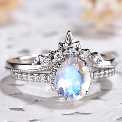 White Gold Oval Moonstone Art Deco Unique Engagement Ring Set 925 Sterling Silver