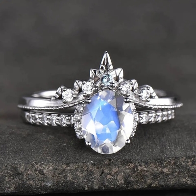 White Gold Oval Moonstone Art Deco Unique Engagement Ring Set 925 Sterling Silver