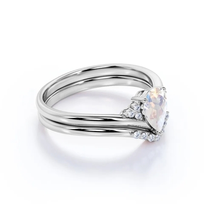 S925 Gold Natural Pear Shape Cz Rainbow Moonstone Ring Boho Wedding Set