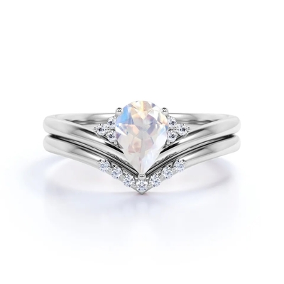 S925 Gold Natural Pear Shape Cz Rainbow Moonstone Ring Boho Wedding Set