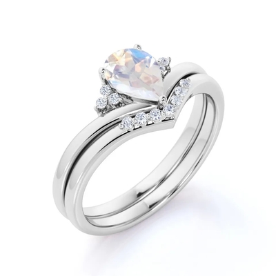 S925 Gold Natural Pear Shape Cz Rainbow Moonstone Ring Boho Wedding Set