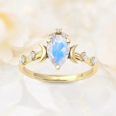 Natural Moonstone Gemstones 925 Silver Anniversary Jewelry Rings Genuine Pear Cut