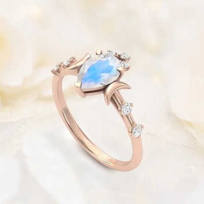 Natural Moonstone Gemstones 925 Silver Anniversary Jewelry Rings Genuine Pear Cut
