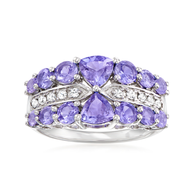 1.25 Carat 4 Prong Ovate Natural  Tanzanite And Accent White CZ Sterling Silver Ring