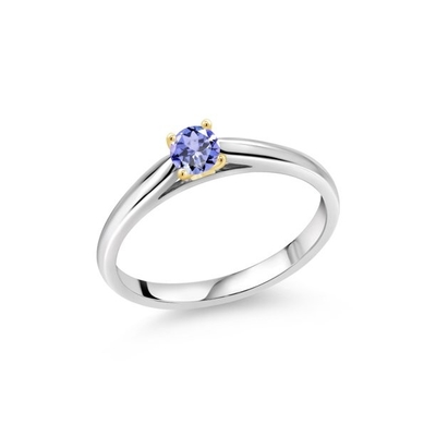 Gem Stone King 0.18 Ct Blue Tanzanite 925 Sterling Silver Ring with 10K Yellow Gold Prongs Ring