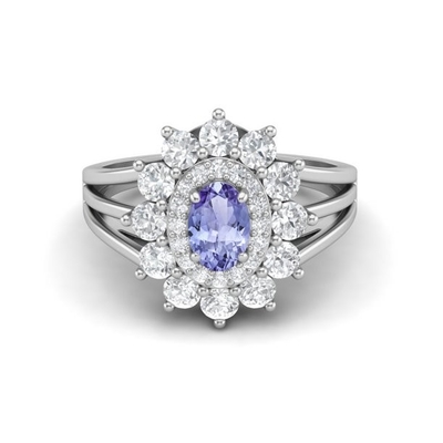 Antique Style Blue Sapphire Engagement Ring Set 14 White Gold