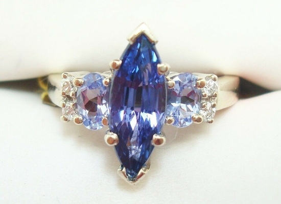 Three Tanzanite Boxed  Wedding Ring With White 925 Set Sterling Silver