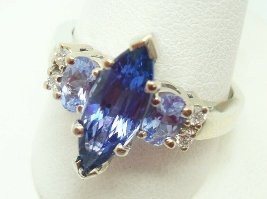 Three Tanzanite Boxed  Wedding Ring With White 925 Set Sterling Silver