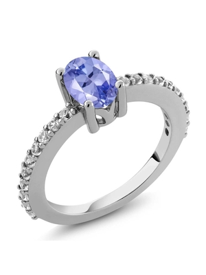 Gem Stone King 1.05 Ct 7x5mm Oval Tanzanite White Created Sapphire 925 Silver Ring