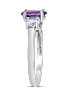Oval Cut Amethyst and Created White Sapphire 3-Stone Ring in Sterling Silver