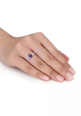 Oval Cut Amethyst and Created White Sapphire 3-Stone Ring in Sterling Silver
