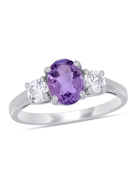 Oval Cut Amethyst and Created White Sapphire 3-Stone Ring in Sterling Silver