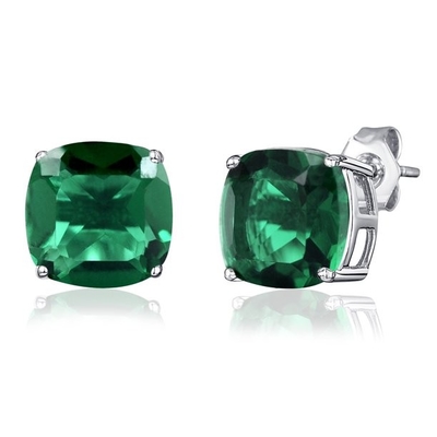 Sterling Silver Emerald Cushion Stud Earrings: May Birthstone for Women