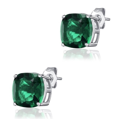 Sterling Silver Emerald Cushion Stud Earrings: May Birthstone for Women