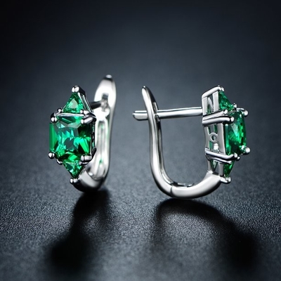 Sterling Silver Emerald Cushion Stud Earrings: May Birthstone for Women