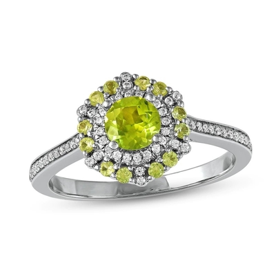 Green Peridot &amp; CZ Ring 1/6 ct tw 10K White Gold In Silver