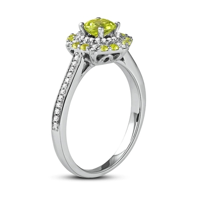 Green Peridot &amp; CZ Ring 1/6 ct tw 10K White Gold In Silver