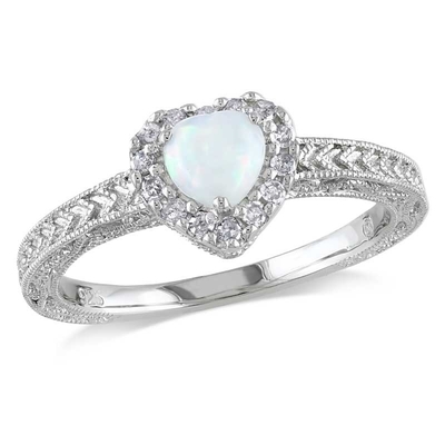 Oval Lab-Created Opal, Blue and White Sapphire Open Frame Twist Shank Ring in Sterling Silver