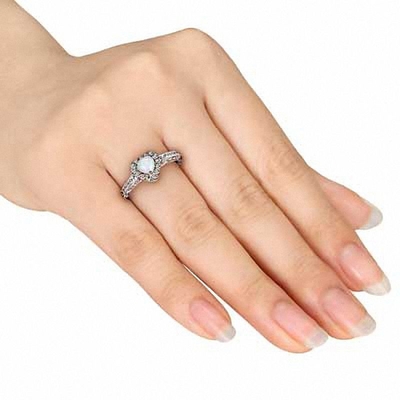 Oval Lab-Created Opal, Blue and White Sapphire Open Frame Twist Shank Ring in Sterling Silver