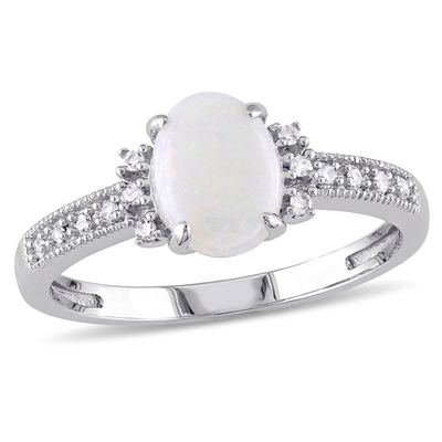 Oval Opal and CZ Accent Vintage-Style Ring in 10K White Gold