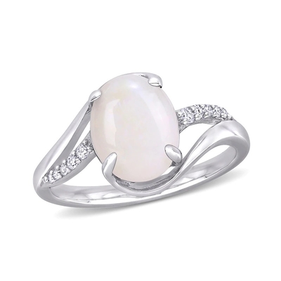 Oval Opal and 1/15 CT. T.W. CZBy pass Split Shank Ring in Sterling Silver