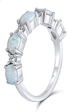 Thin CZ Accent Stackable 1/2 Eternity Oval Blue Pink Created Opal Band Ring For Women