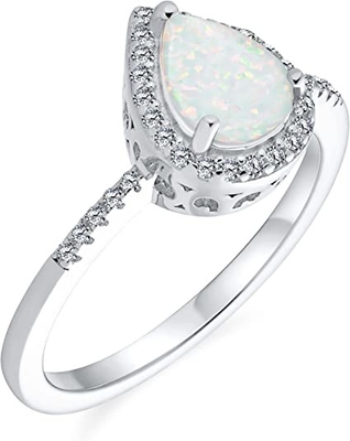 Petite Gemstone Micro Pave CZ Halo Created White Opal Ring Pear Shape Teardrop