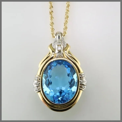 14K Round Cut Blue Topaz And CZ Pendant Enhance For Women