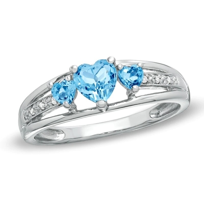 Heart Shaped Blue Topaz and CZ Accent Three Stone Promise Ring 10K White Gold