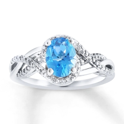 Classic Swiss Blue Topaz And CZ Three Stone Engagement Ring 925 Sterling Silver