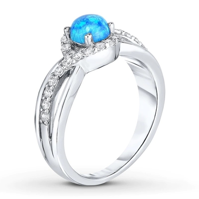 Lab Created Blue Opal Ring White Topaz With 925 Sterling Silver