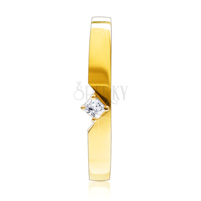 9K Gold Ring - With a Cut Out And a Protruding Square Zircon Set In a Four-Point Mount