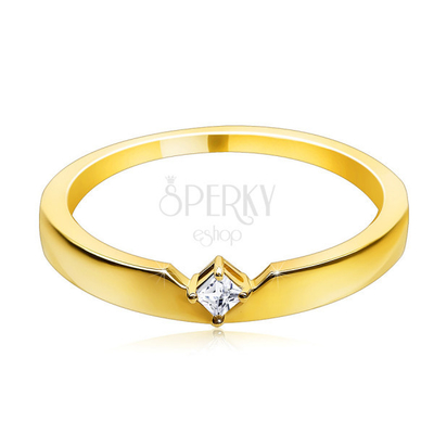 9K Gold Ring - With a Cut Out And a Protruding Square Zircon Set In a Four-Point Mount