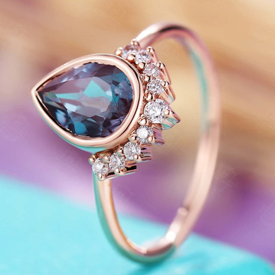 Rose Gold Plating 925 Sterling Silver CZ Moonstone Wedding Rings Pear Cut Moonstone Ring Set
